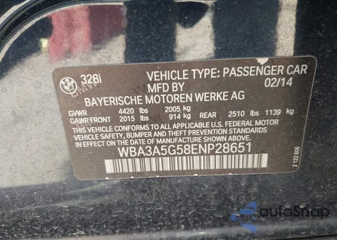 2014 BMW 328I from USA, damaged, VIN WBA3A5G58ENP28651